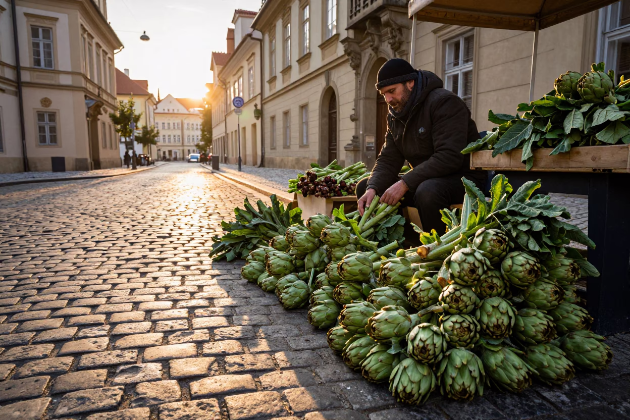 Prague Golden Hour Street Scene with Plumb Bob and Artichokes in in Prague, Czech Republic