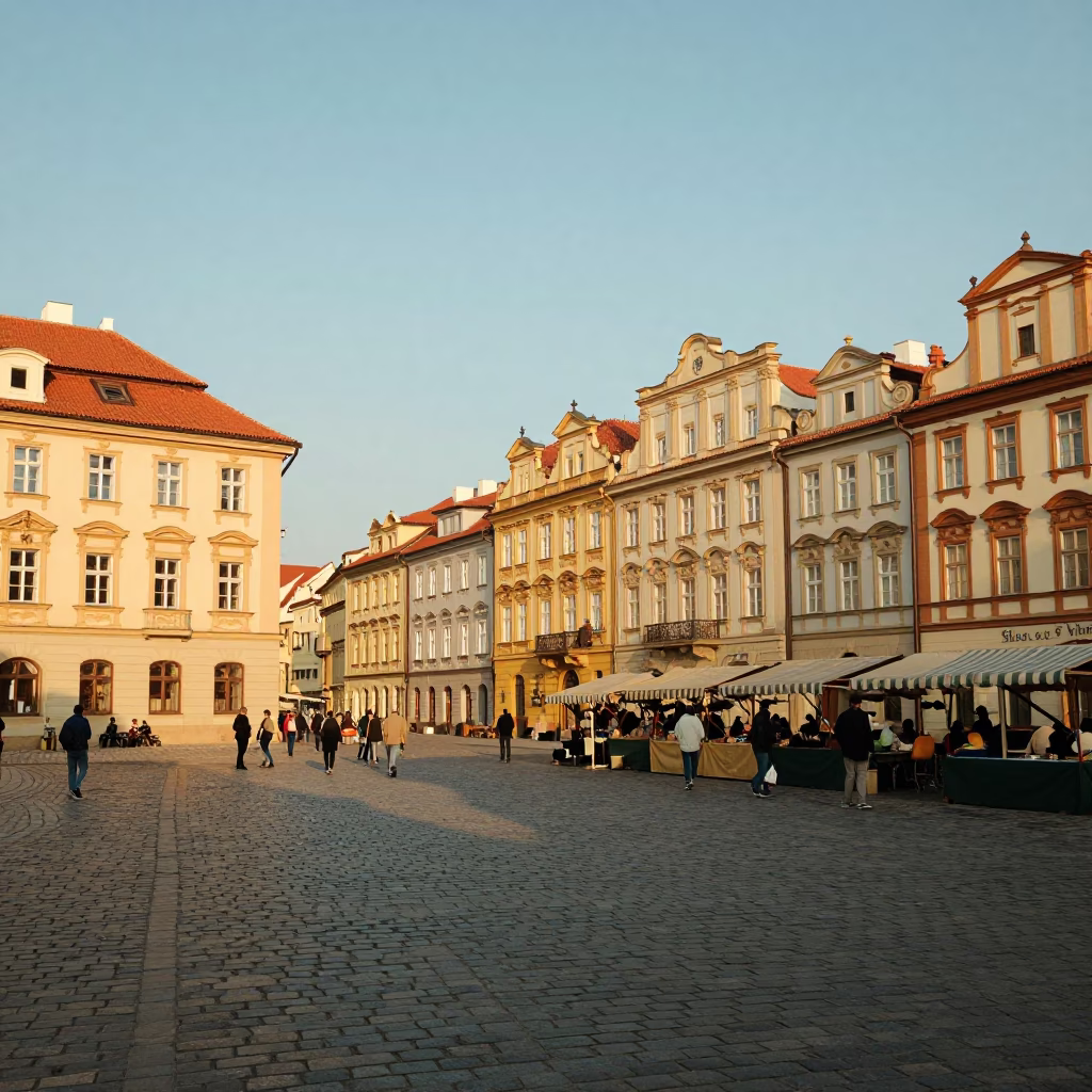 Prague Golden Hour Street Scene with Vintage 1980s Aesthetic and Local Market Activity in in Prague, Czech Republic