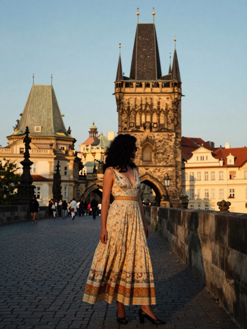 Prague Golden Hour Street Scene with Vintage Fashion Model and Urban Details in in Prague, Czech Republic
