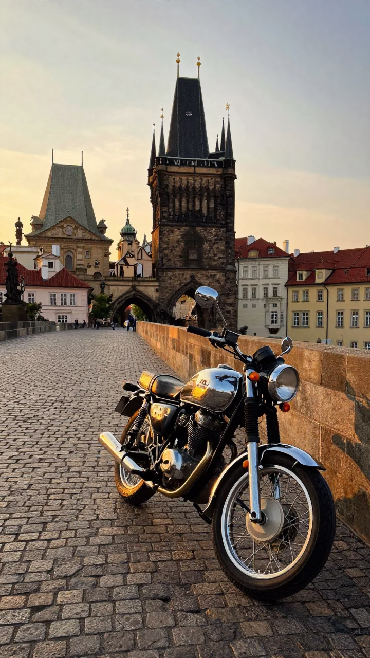 Prague Golden Hour Street Scene with Vintage Motorcycle and Traditional Architecture in in Prague, Czech Republic