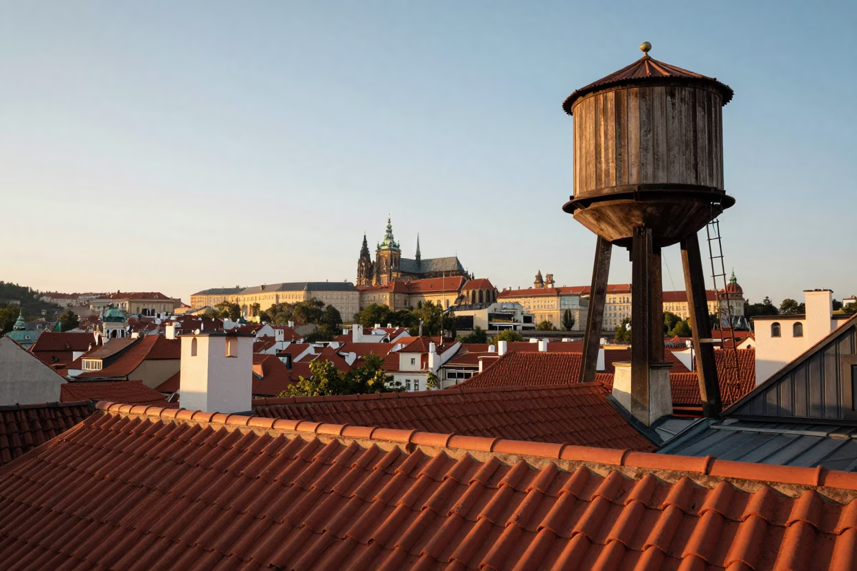 Prague Historic Red Tile Roofs And City Skyline at Golden Hour in in Prague, Czech Republic