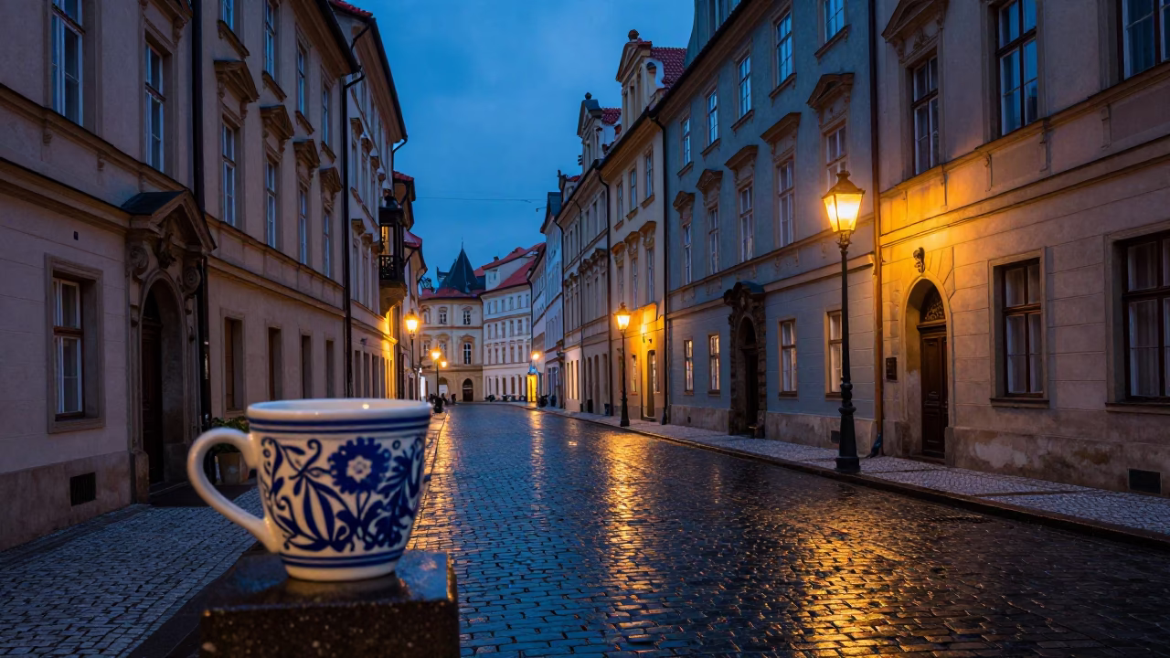 Prague Indigo Twilight Street Scene with Ceramic Cup and Stone Bowl on Cobblestone Sidewalk in in Prague, Czech Republic