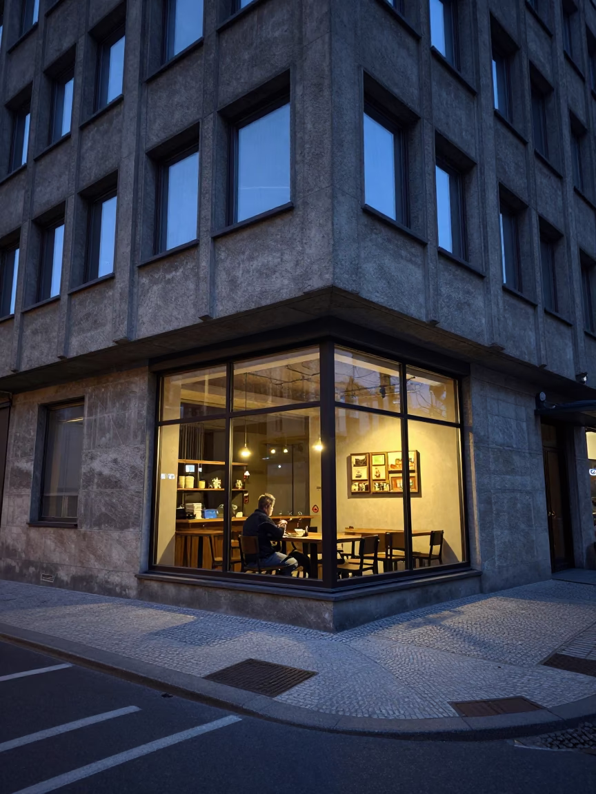 Prague indigo twilight street scene with concrete brutalist architecture and warm cafe interior in in Prague, Czech Republic