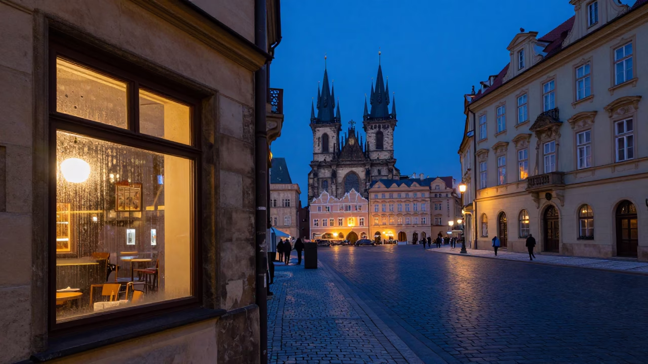 Prague Indigo Twilight Street Scene with Condensation on Window Glass and Local Cafe Ambiance in in Prague, Czech Republic