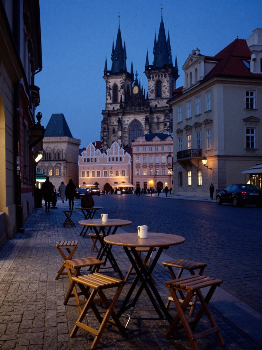 Prague Indigo Twilight Street Scene with Folding Stools and Evening Pedestrians in in Prague, Czech Republic