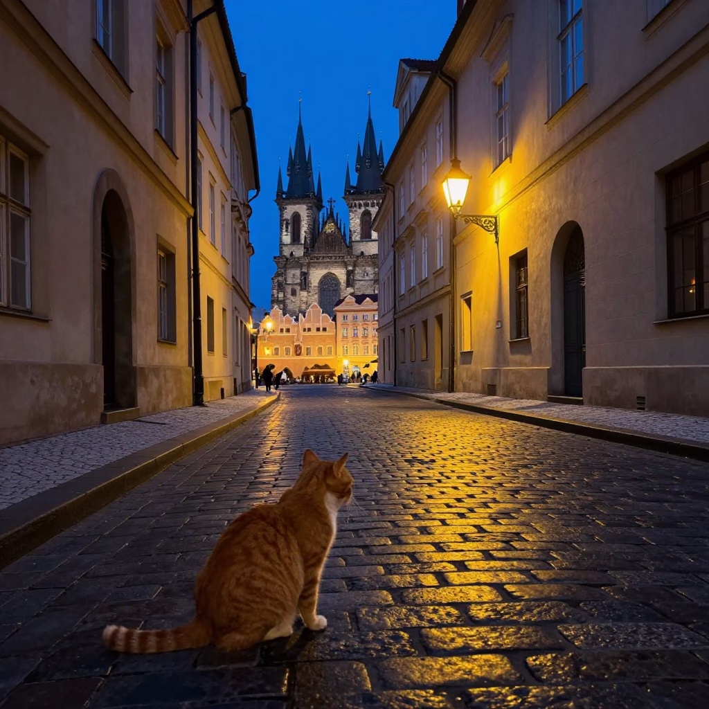 Prague Indigo Twilight Street Scene with Ginger Cat and Tea Tray in in Prague, Czech Republic