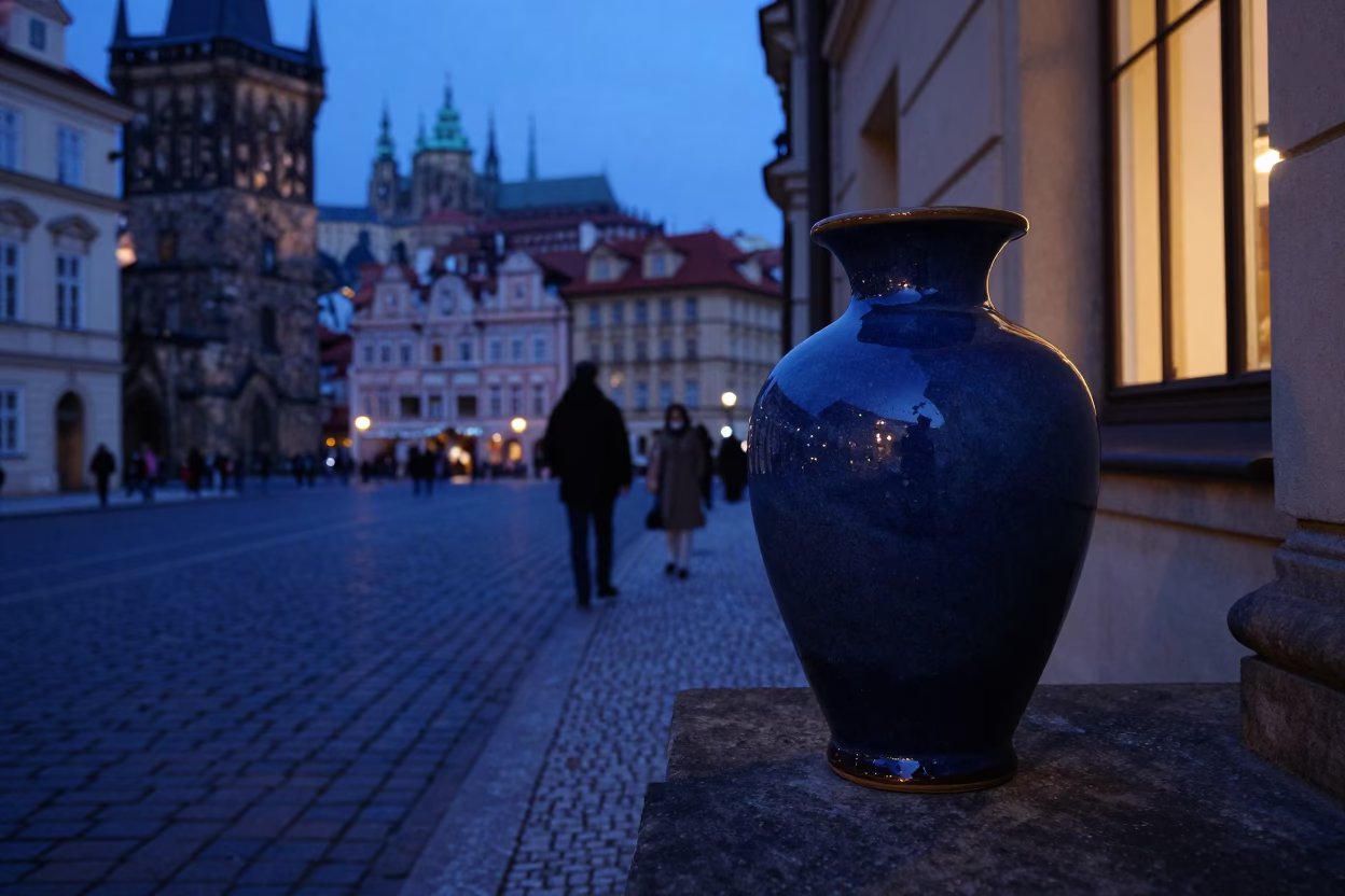 Prague Indigo Twilight Street Scene with Glazed Ceramic Reflection in in Prague, Czech Republic