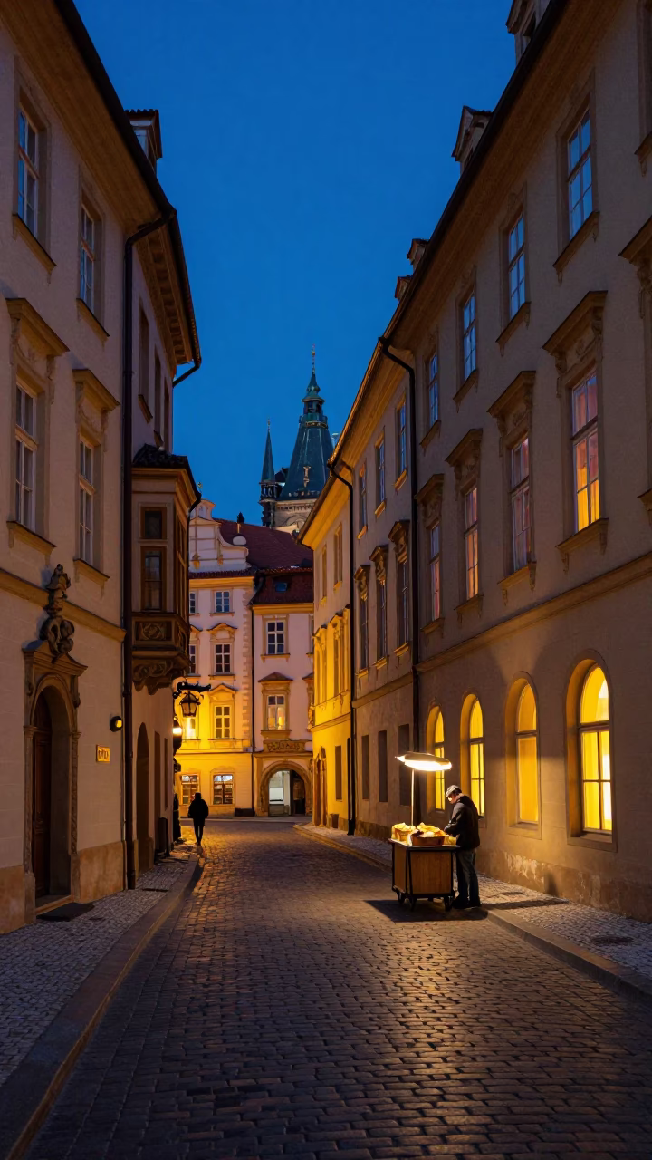 Prague indigo twilight street scene with historic architecture and local life in in Prague, Czech Republic