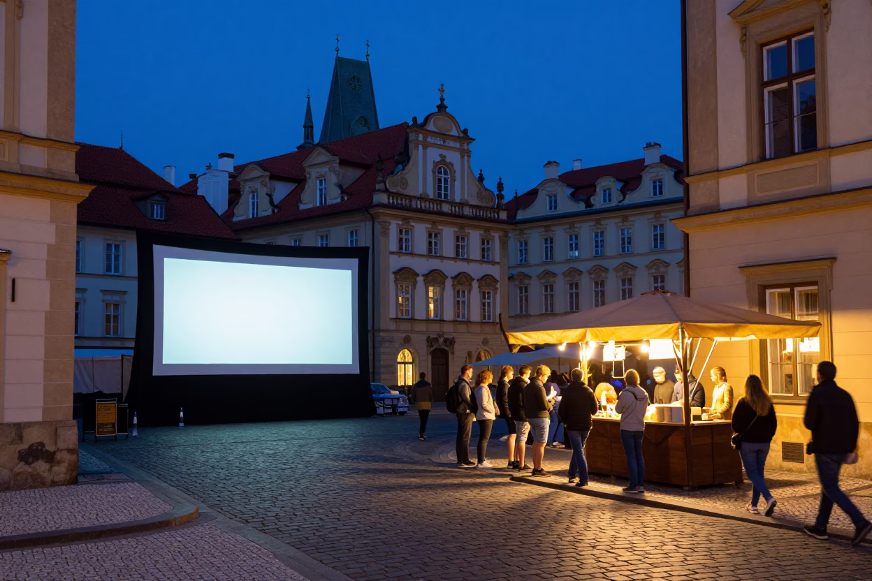 Prague Indigo Twilight Street Scene with Outdoor Cinema Projection and Local Night Market Activity in in Prague, Czech Republic