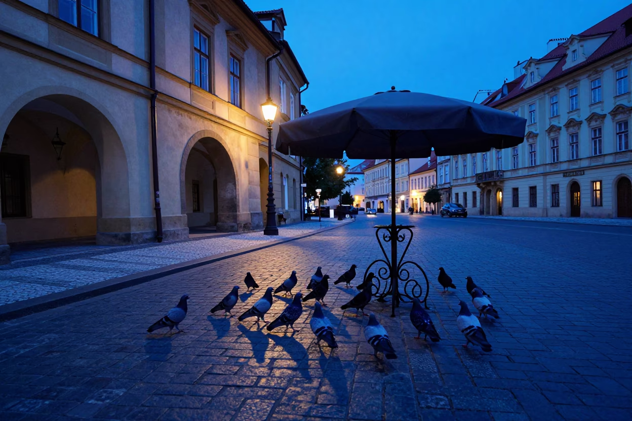 Prague Indigo Twilight Street Scene with Pigeons and Umbrella Stand in in Prague, Czech Republic