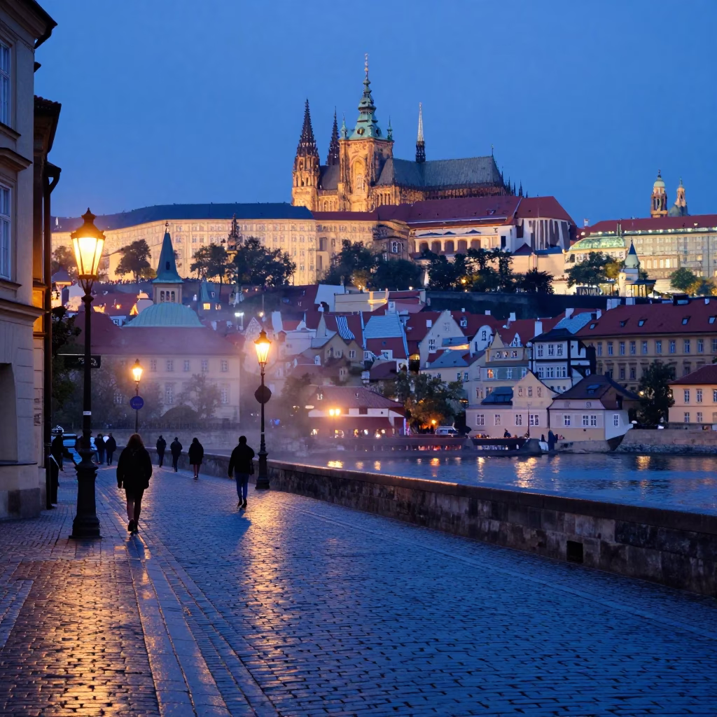 Prague Indigo Twilight Street Scene with Steam Haze and Urban Details in in Prague, Czech Republic