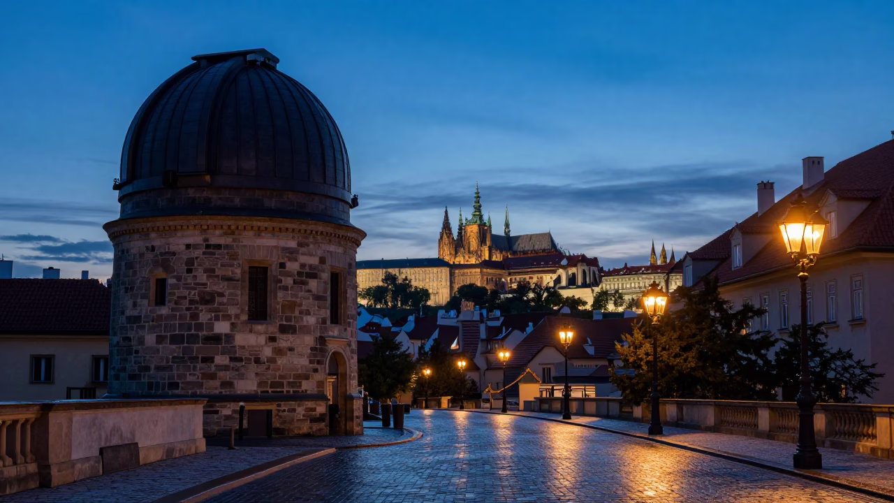 Prague indigo twilight street scene with stone observatory and wet cobblestones in in Prague, Czech Republic