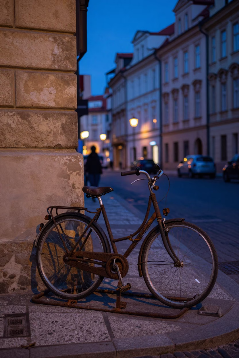 Prague indigo twilight street scene with vintage bicycle rack and brick architecture in in Prague, Czech Republic