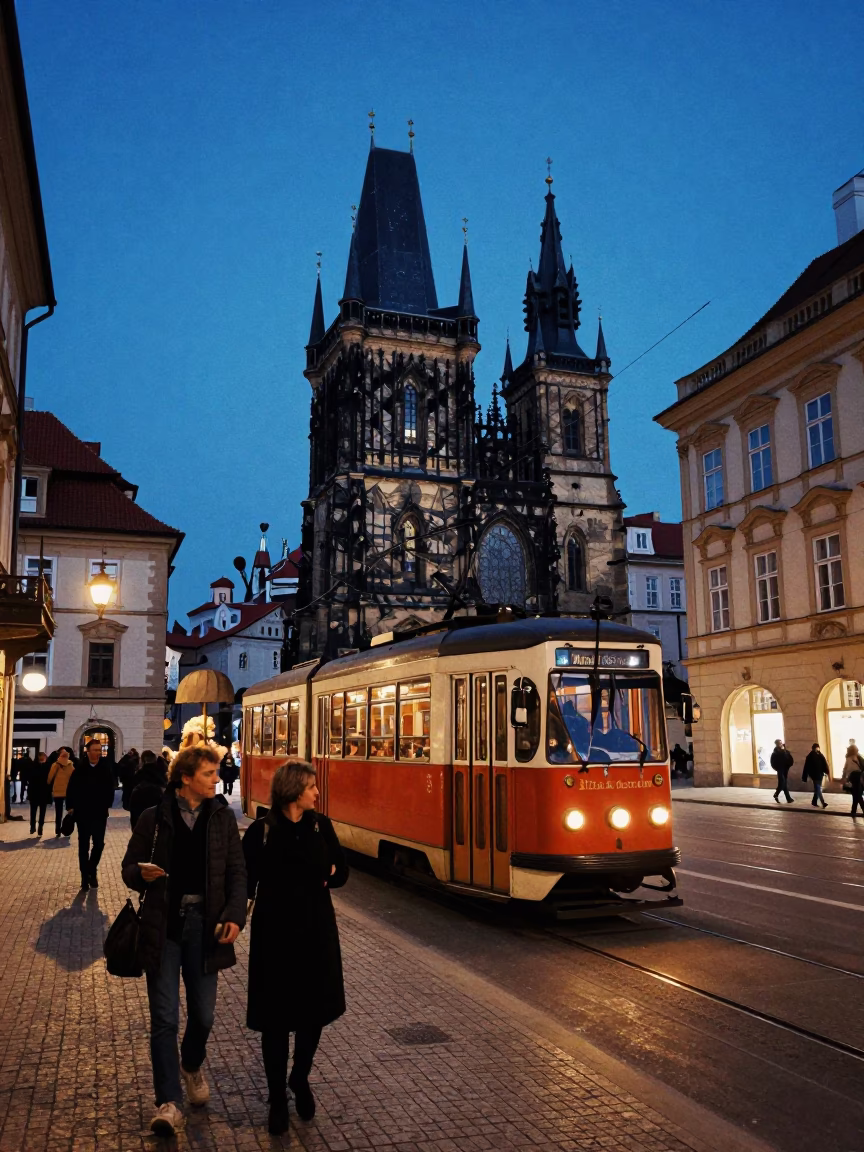 Prague indigo twilight street scene with vintage tram and brutalist university architecture in in Prague, Czech Republic
