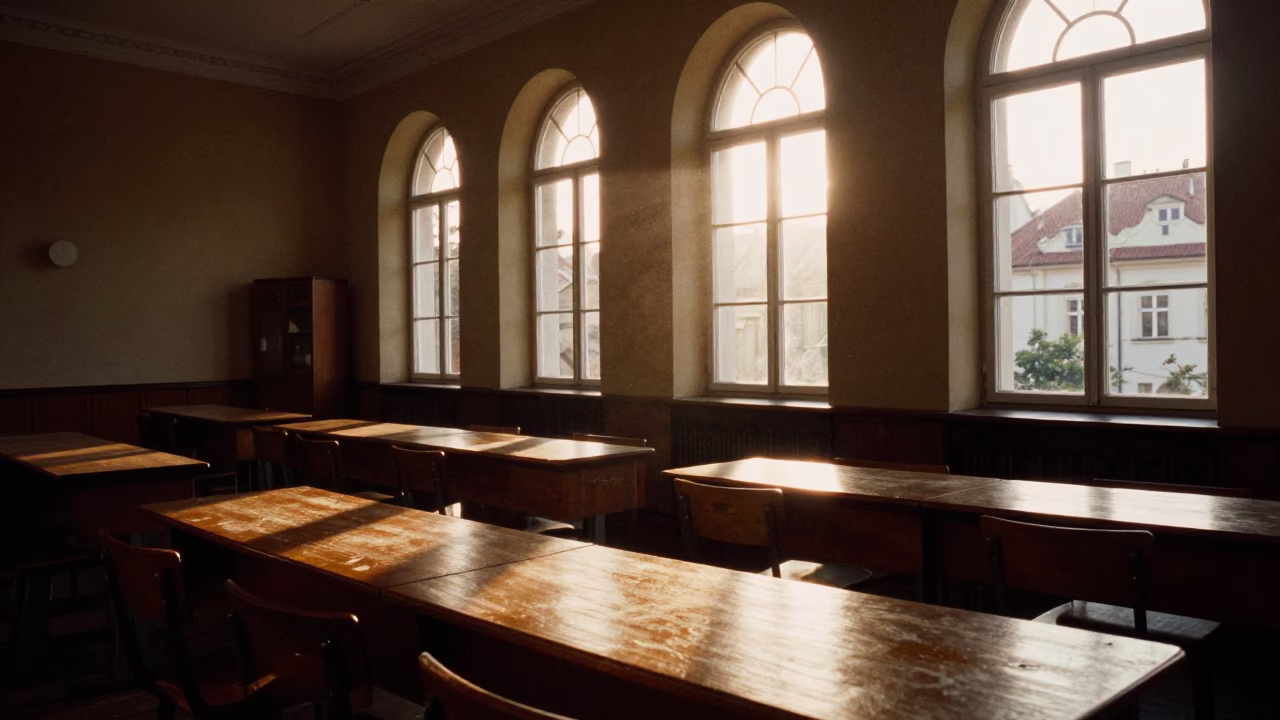 Prague Late Afternoon Sunlight Streaming Through Classroom Windows Onto Worn Wooden Desks in in Prague, Czech Republic