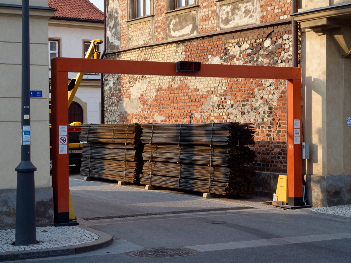 Prague Late Morning Street Scene with Construction Gate and Local Vendor in in Prague, Czech Republic