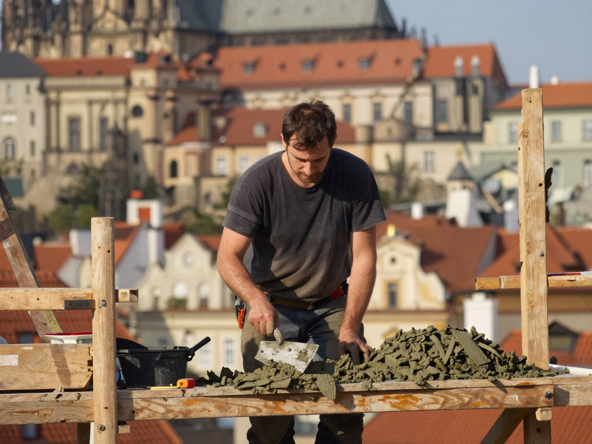 Prague Mason Resting on Scaffold with Trowel and Mortar Near Old Town in in Prague, Czech Republic