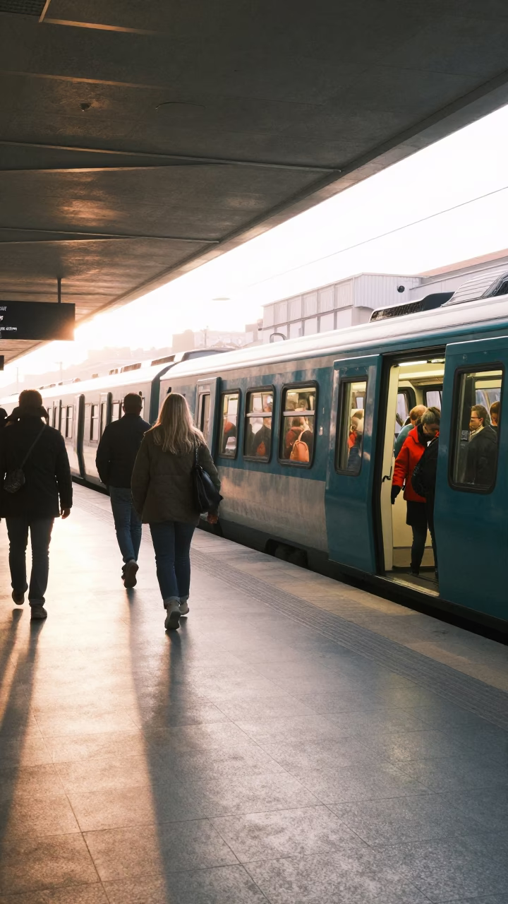 Prague Metro Art Station Sunrise with Commuters and Train Arrival in in Prague, Czech Republic