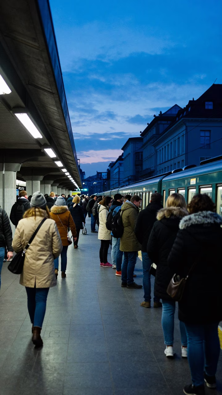 Prague Metro Station Blue Hour Art Adorned Platform Evening Rush in in Prague, Czech Republic