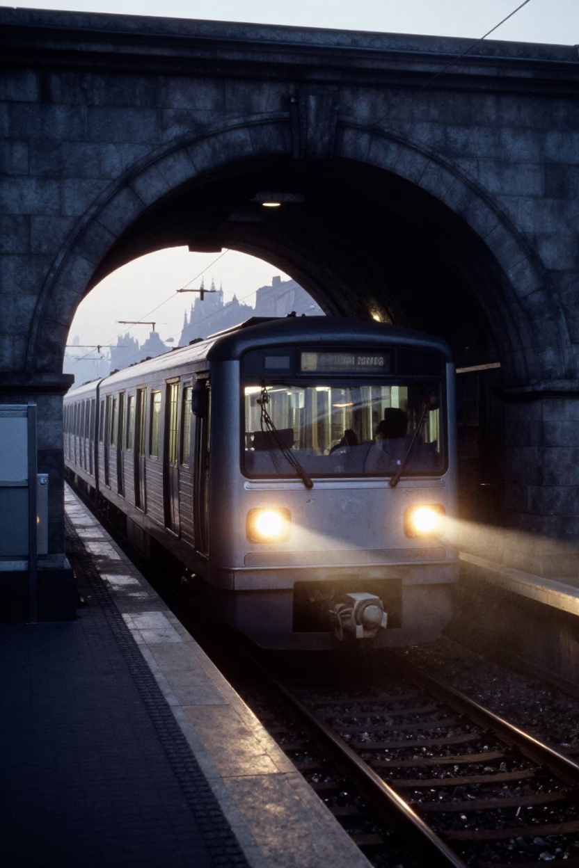 Prague Metro Train Emerging from Tunnel into Dawn Light in in Prague, Czech Republic