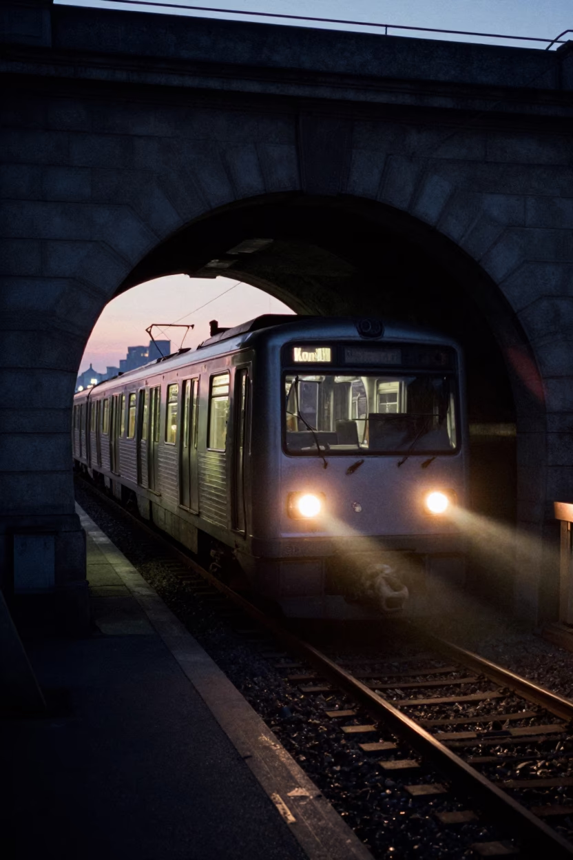 Prague Metro Train Emerging from Tunnel into Predawn Light in in Prague, Czech Republic