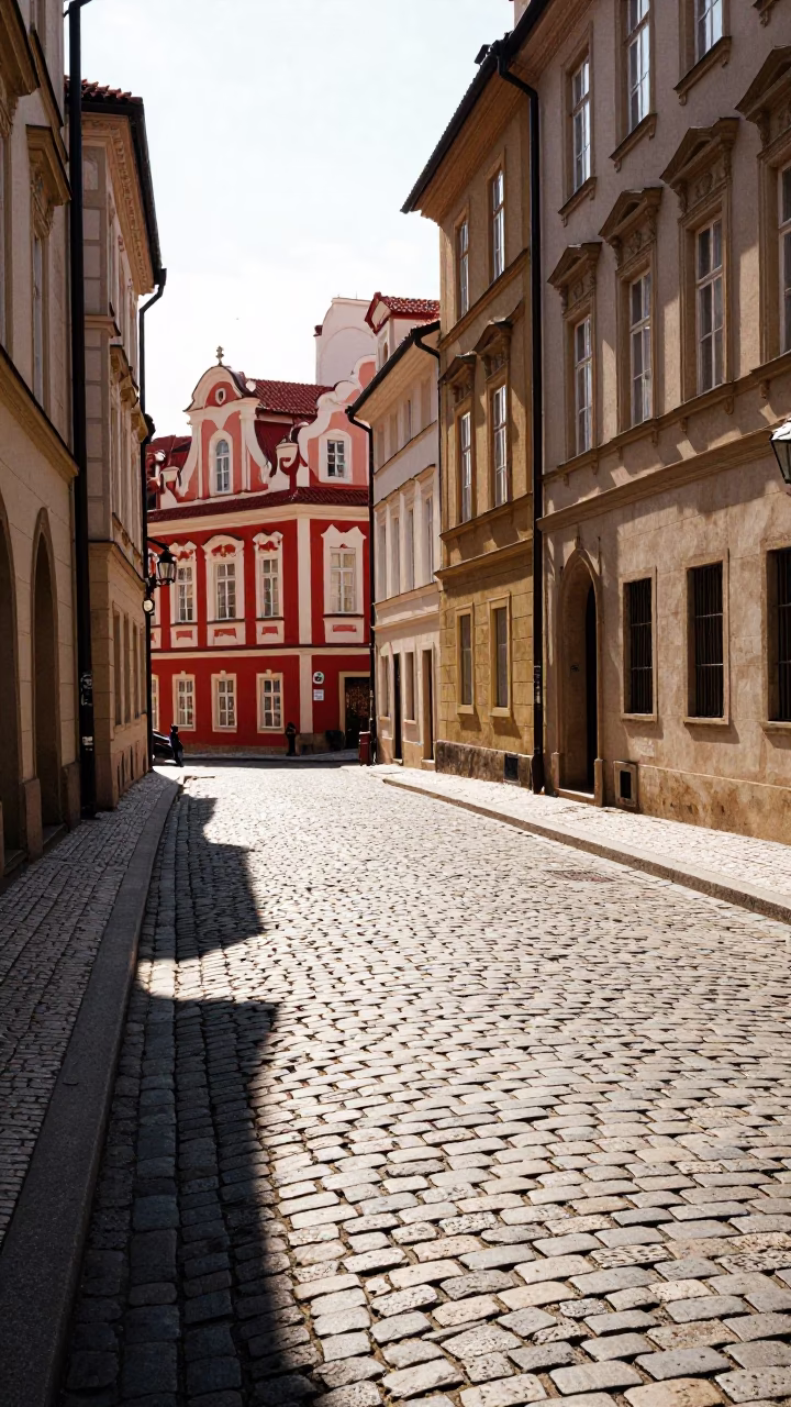Prague Midday Sunlight Striking Historic Cobblestone Street and Red Roof Tiles in in Prague, Czech Republic