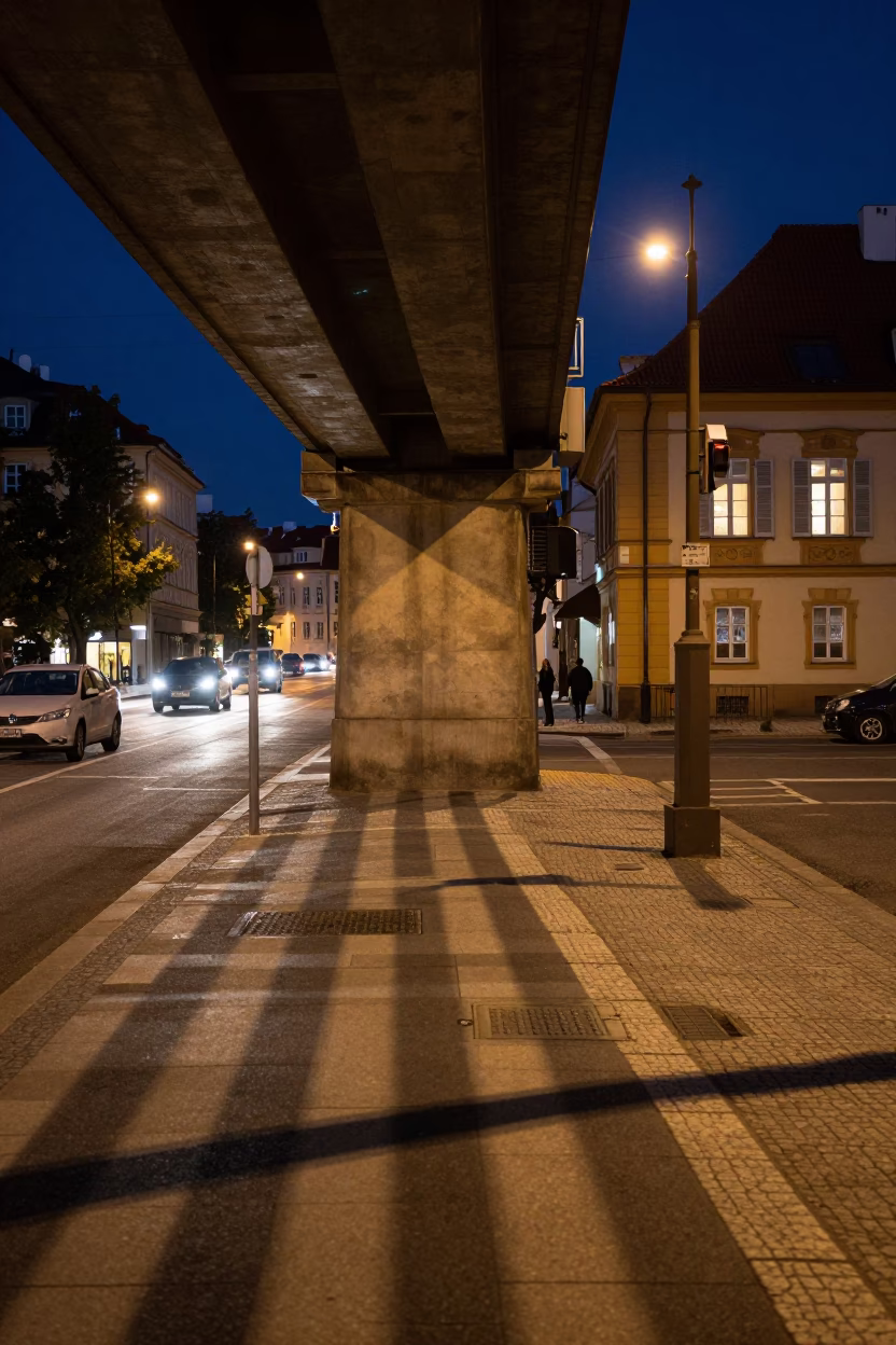 Prague midnight street scene with flyover shadows and urban decay details in in Prague, Czech Republic