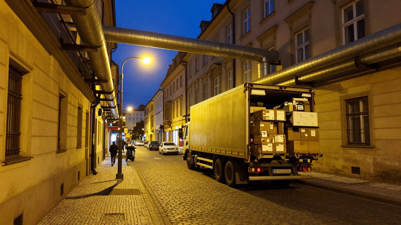 Prague Midnight Street Scene with Overloaded Truck and District Heating Pipes in in Prague, Czech Republic