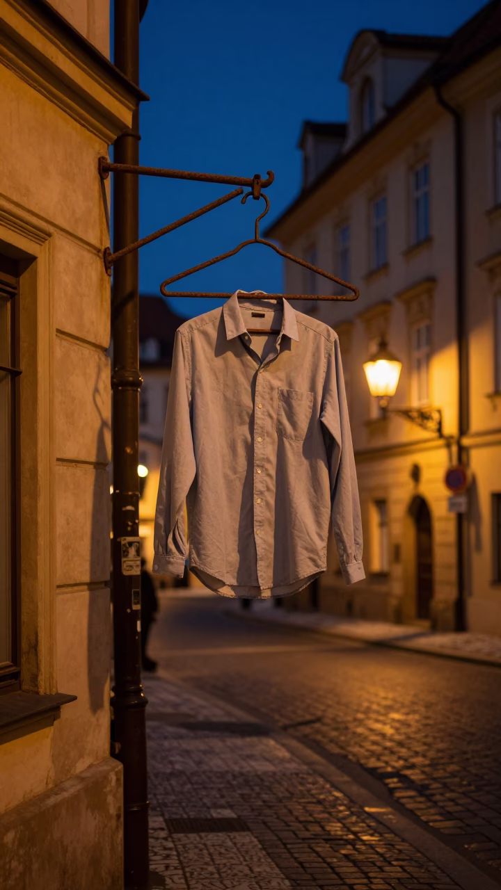Prague Midnight Street Scene with Shirt Hanger and Urban Decay in in Prague, Czech Republic