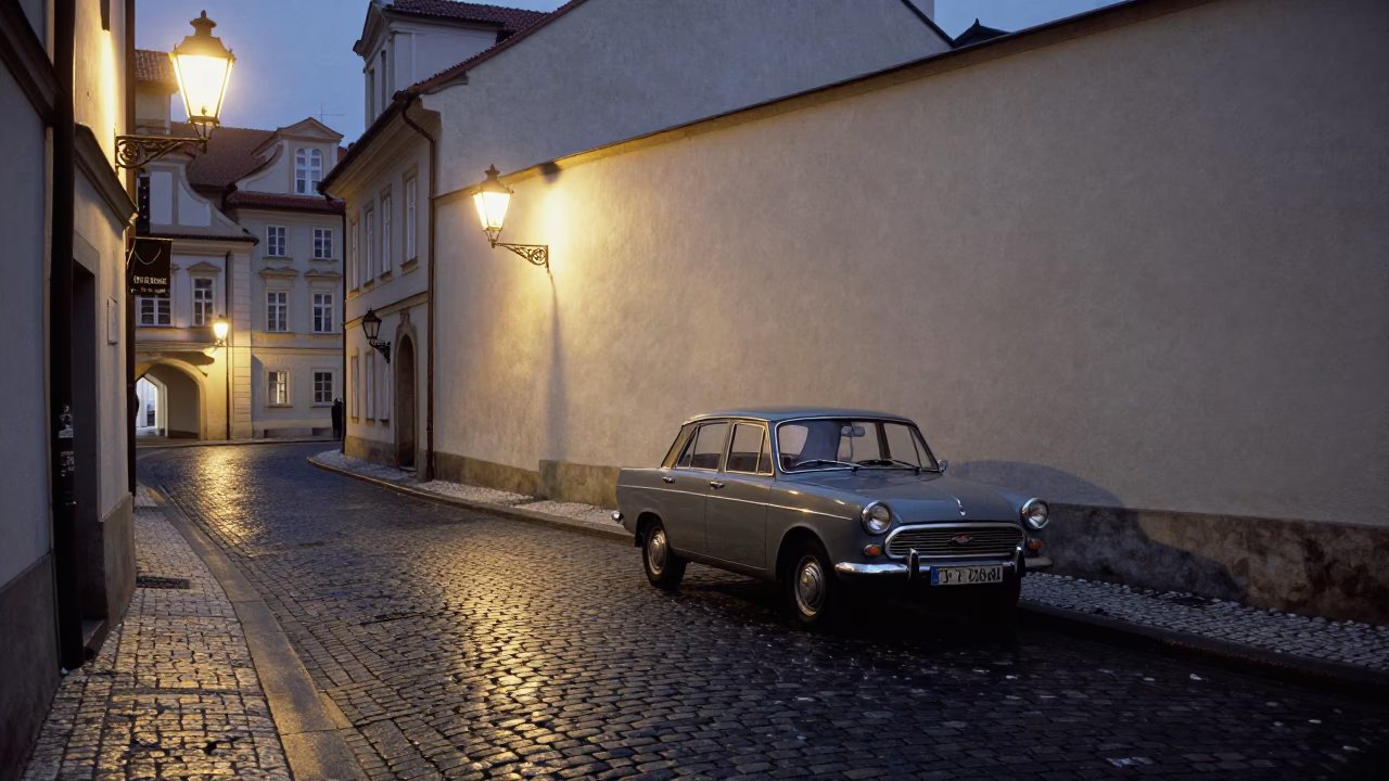 Prague Midnight Street Scene with Vintage Car and Cobblestone Alley Reflections in in Prague, Czech Republic