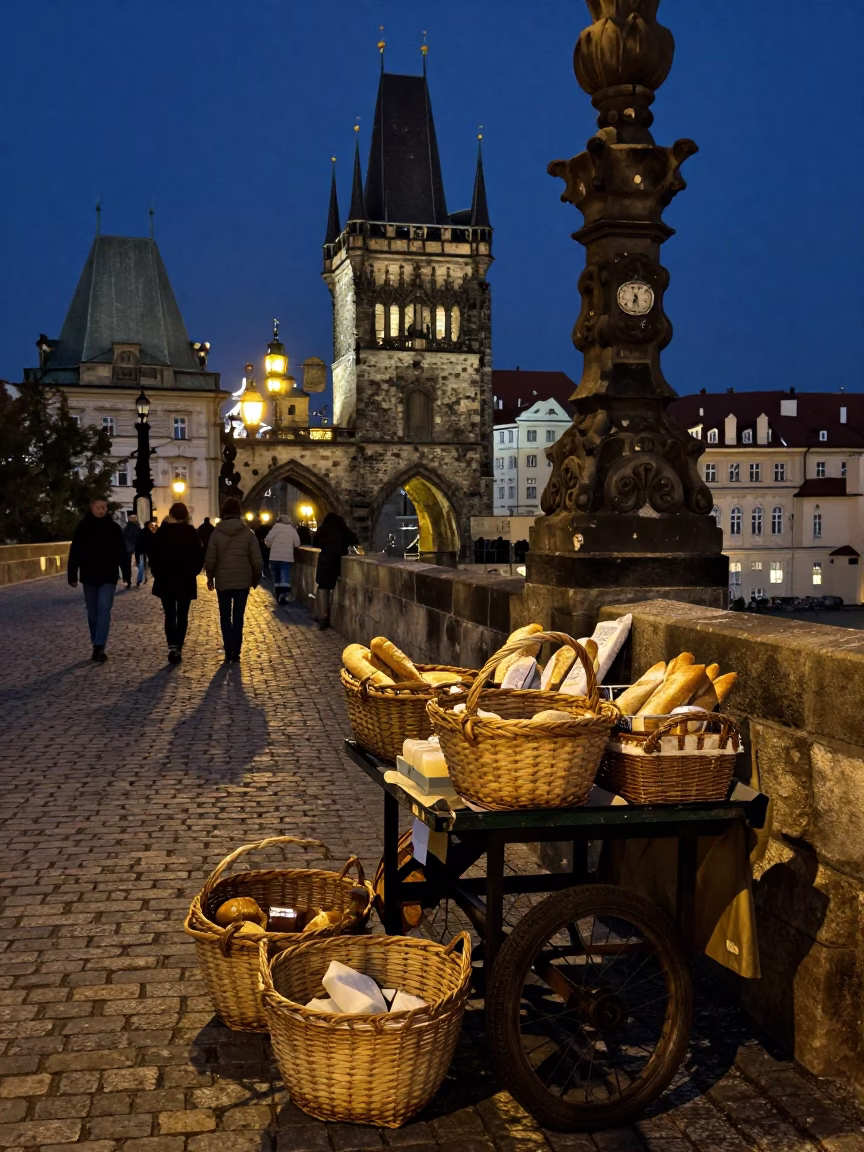 Prague Midnight Street Scene with Woven Baskets and Soap Bottle at Night in in Prague, Czech Republic