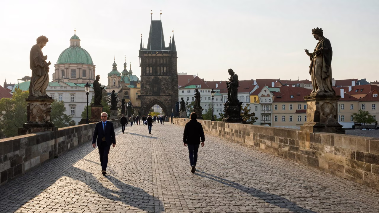 Prague Morning Light on Charles Bridge with Tourists and Stone Statues in in Prague, Czech Republic