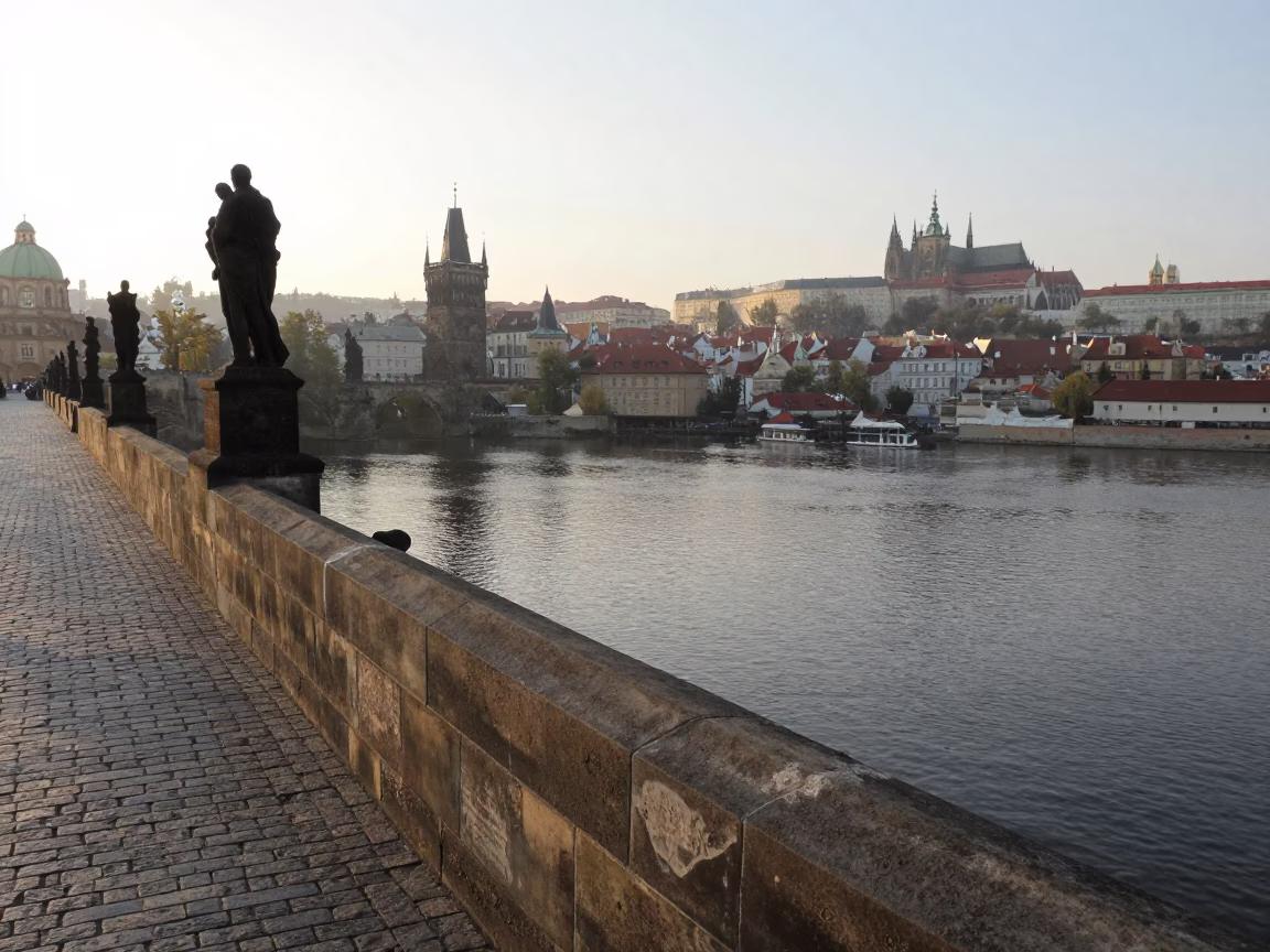 Prague Morning Light Over Vltava River and Charles Bridge Stone Architecture in in Prague, Czech Republic