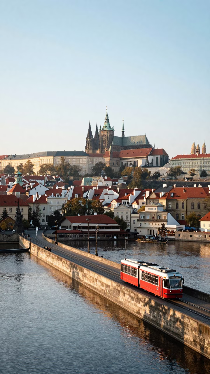 Prague Morning River View with Historic Architecture and Early Commuters in in Prague, Czech Republic
