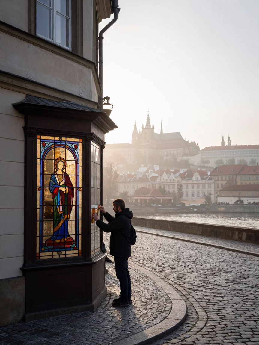 Prague Morning Street Scene with Stained Glass Shop and Vintage Bicycle in in Prague, Czech Republic