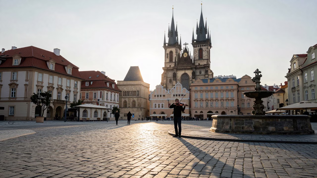 Prague Morning Street Scene with Violinist and Cobblestone Architecture in in Prague, Czech Republic
