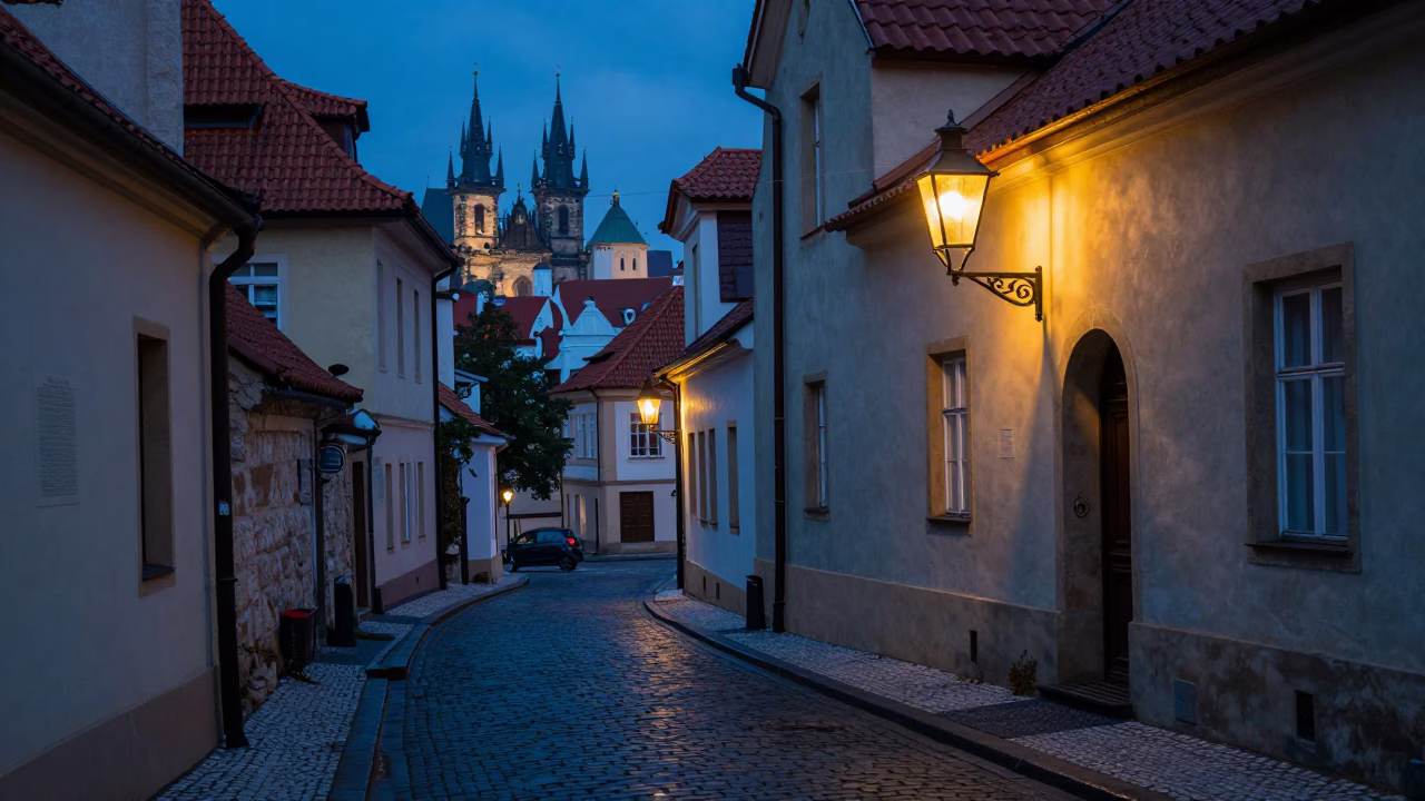 Prague Nautical Dawn Lantern Lit Alley Old Town Cobblestones in in Prague, Czech Republic