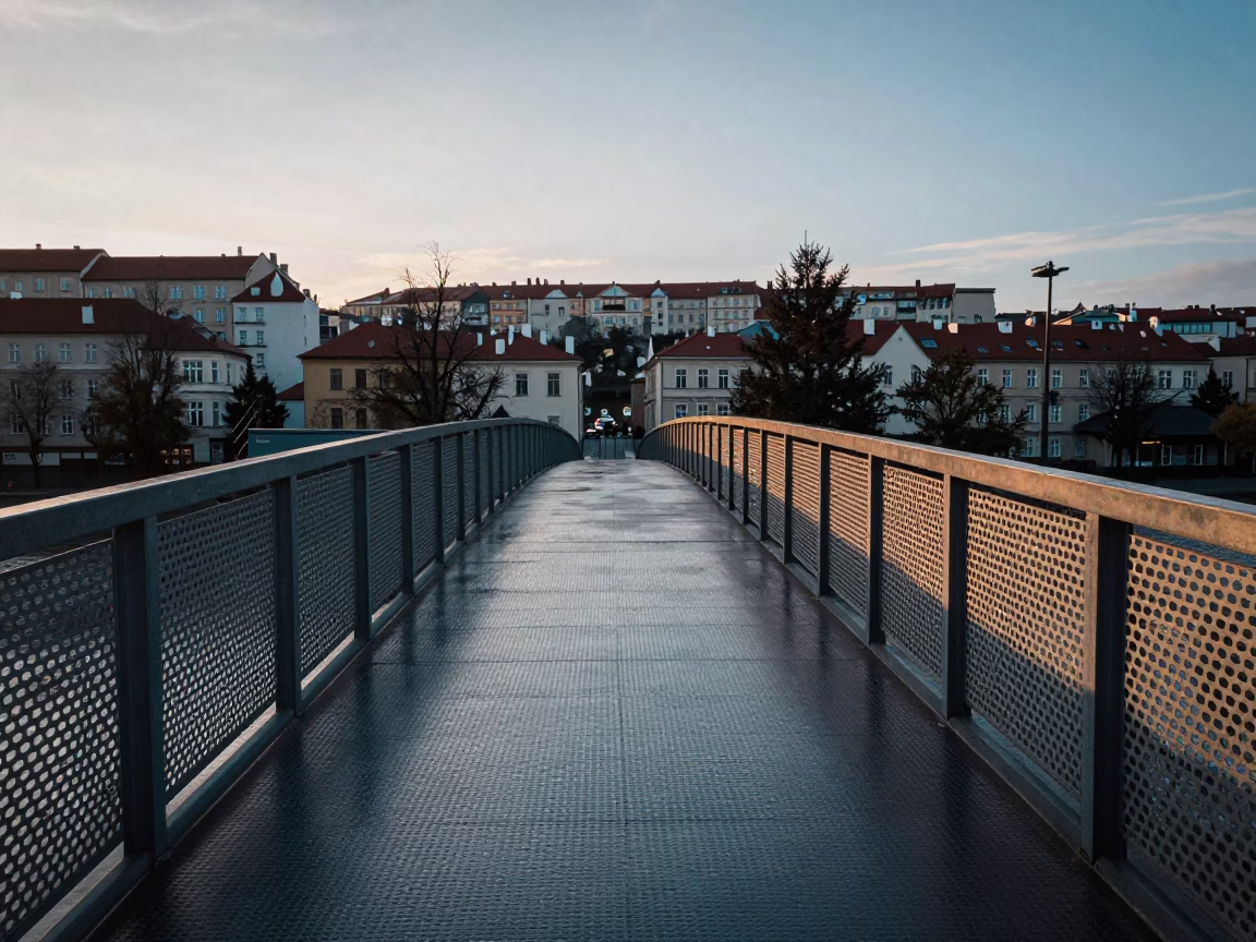 Prague Nautical Dawn Pedestrian Overpass Perforated Metal Wet Footsteps Cityscape in in Prague, Czech Republic