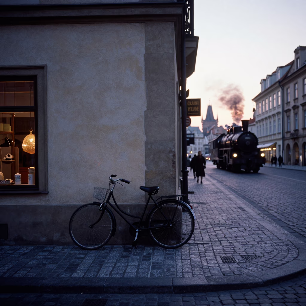 Prague Nautical Dawn Street Scene with Bicycle and Steam Pipes in in Prague, Czech Republic
