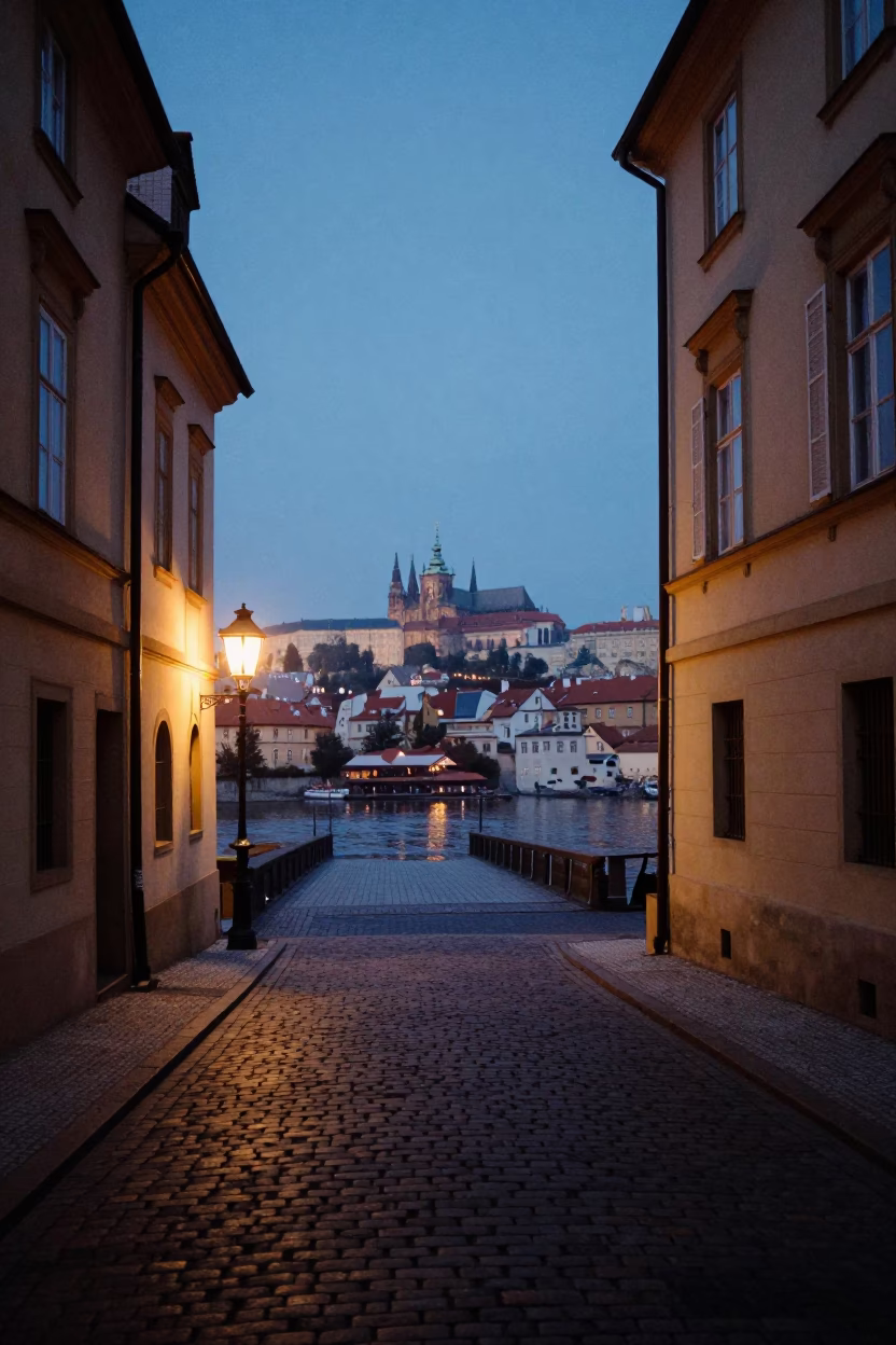 Prague Nautical Dawn Street Scene with Bridge Pier and Muddy Floodwater in in Prague, Czech Republic