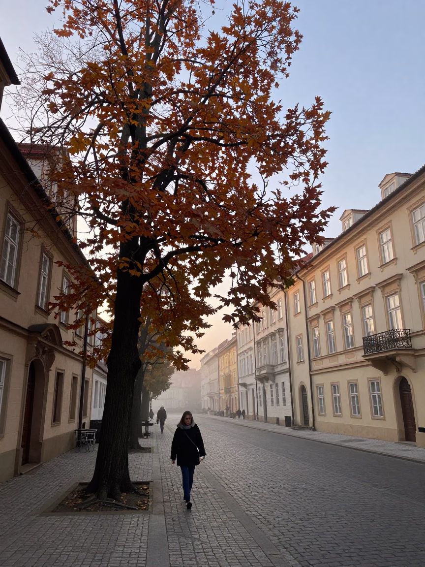 Prague Nautical Dawn Street Scene with Copper Beech Tree and Urban Details in in Prague, Czech Republic