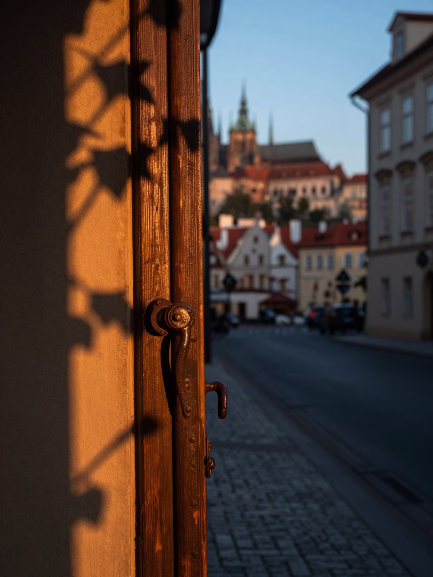 Prague Nautical Dawn Street Scene with Leaf Shadows and Rustic Details in in Prague, Czech Republic
