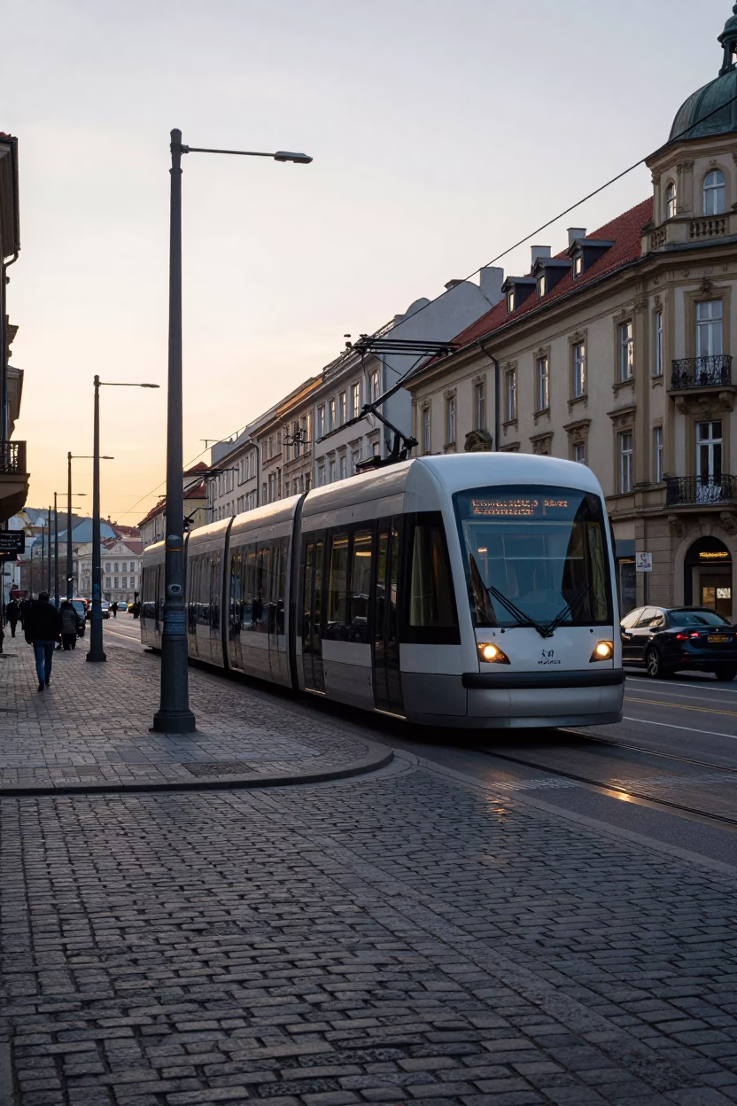 Prague Nautical Dawn Street Scene with Monorail and Glass Architecture in in Prague, Czech Republic