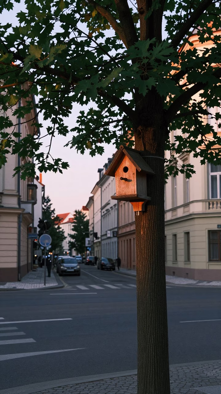 Prague Nautical Dawn Street Scene with Tree and Birdhouse in in Prague, Czech Republic
