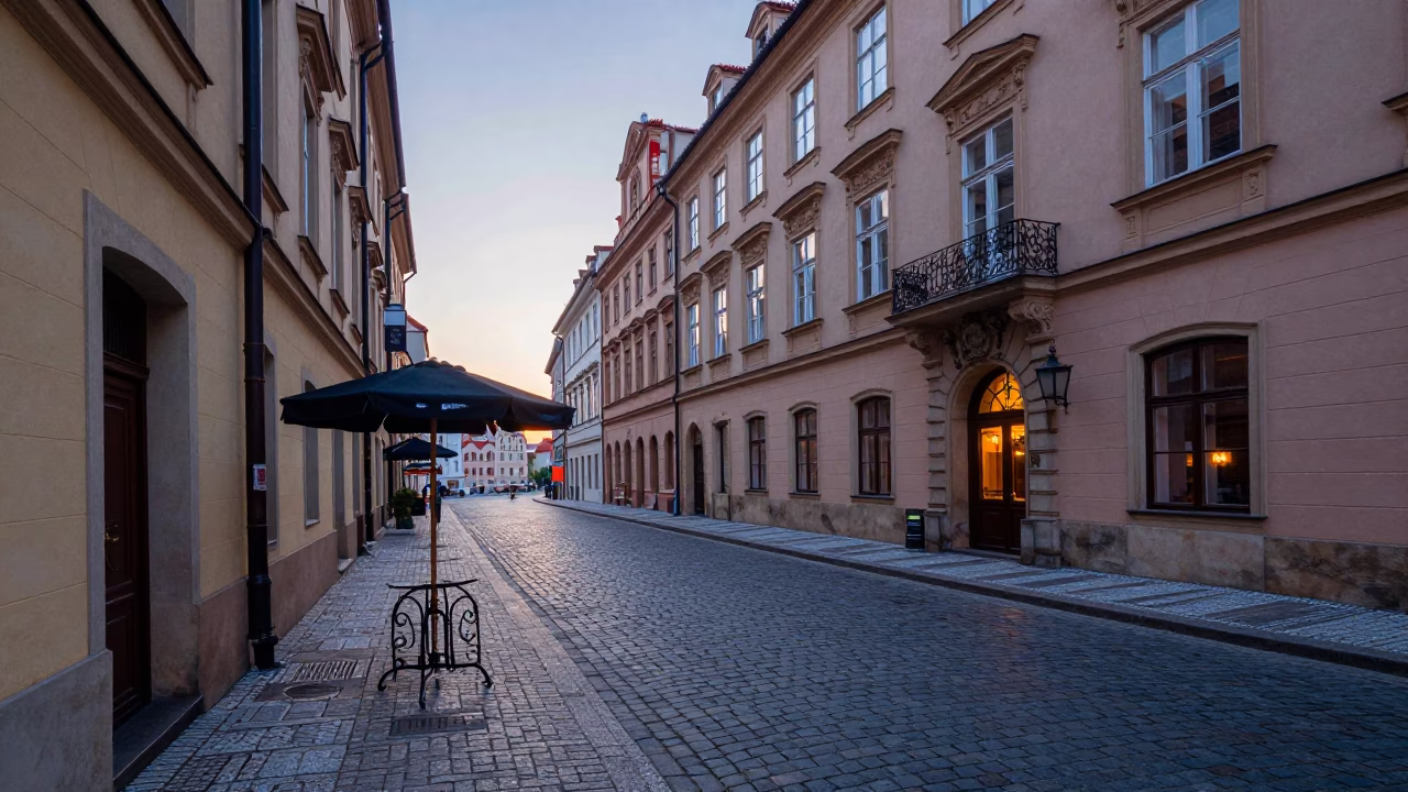 Prague Nautical Dawn Street Scene with Umbrella Stand and Brass Frame in in Prague, Czech Republic