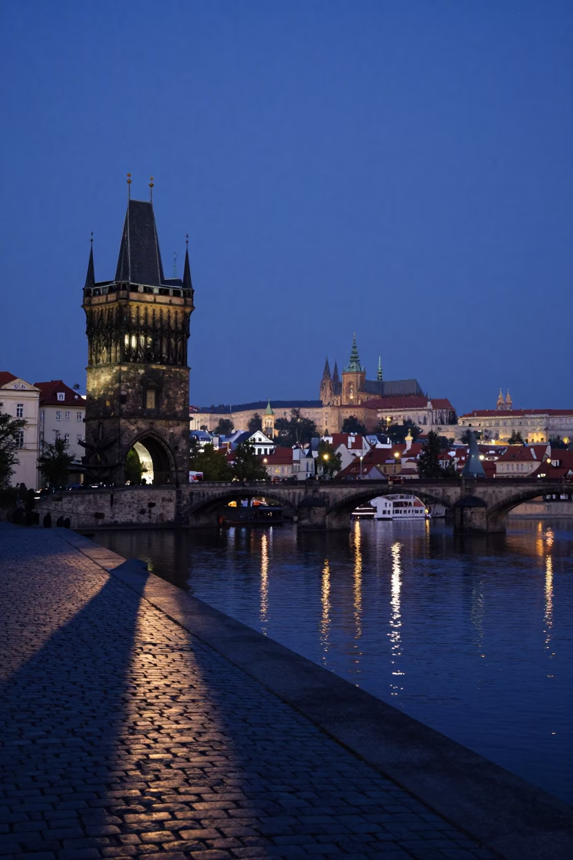 Prague Nautical Dawn Vltava River Drawbridge Counterweight Tower Reflection Oil Slick Water in in Prague, Czech Republic