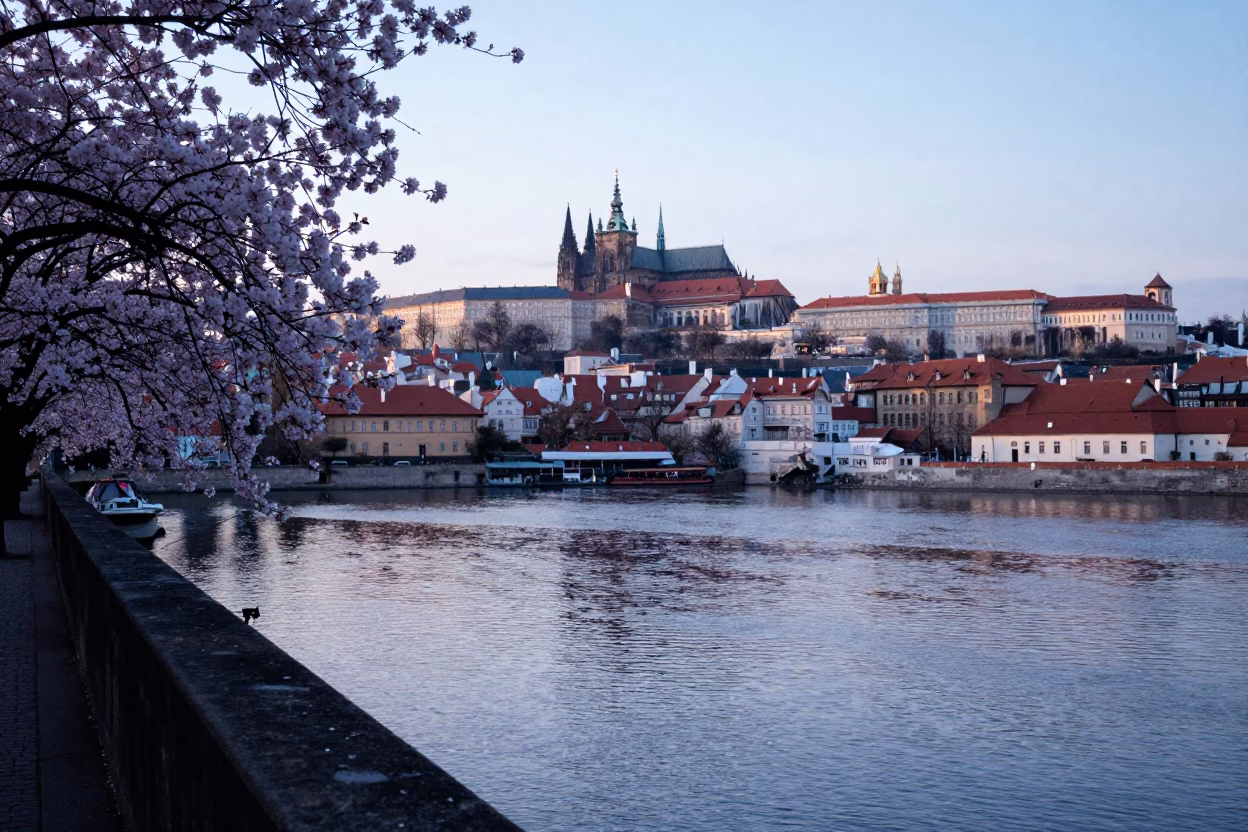Prague Nautical Dawn Vltava Riverbank with Cherry Blossoms and Historic Architecture in in Prague, Czech Republic