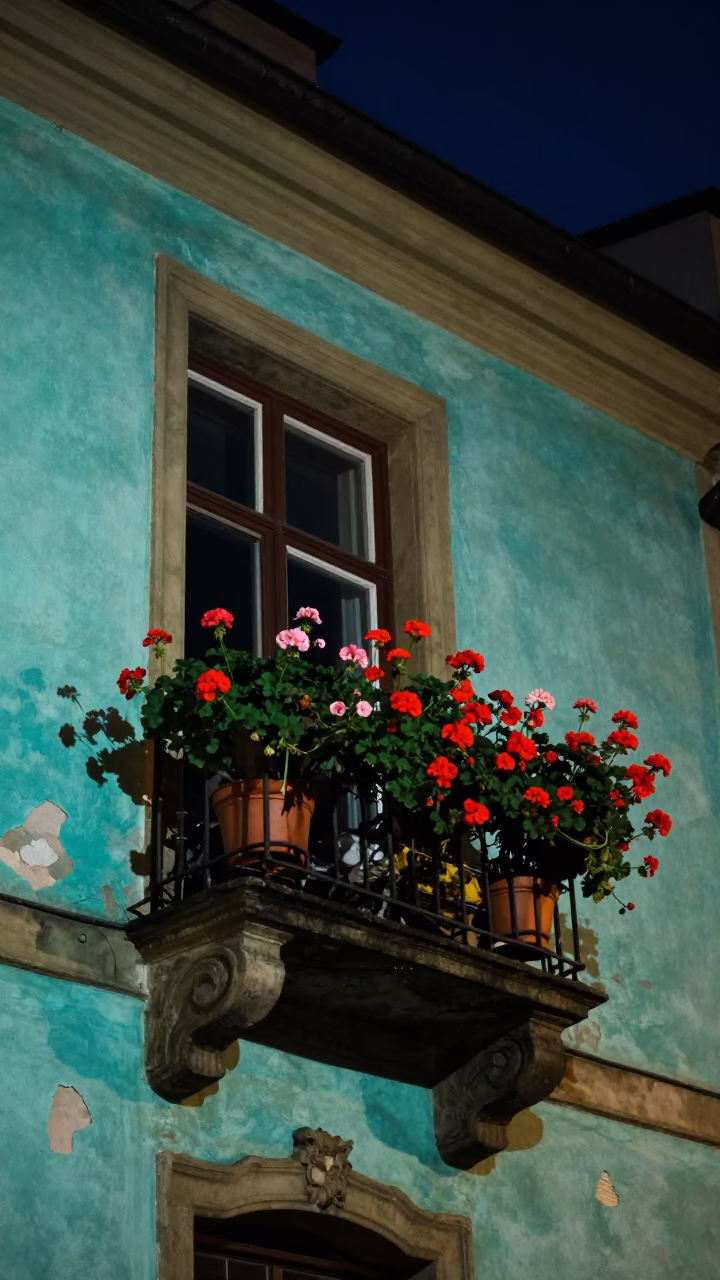 Prague Night Balcony Scene With Geraniums And Peeling Paint in in Prague, Czech Republic
