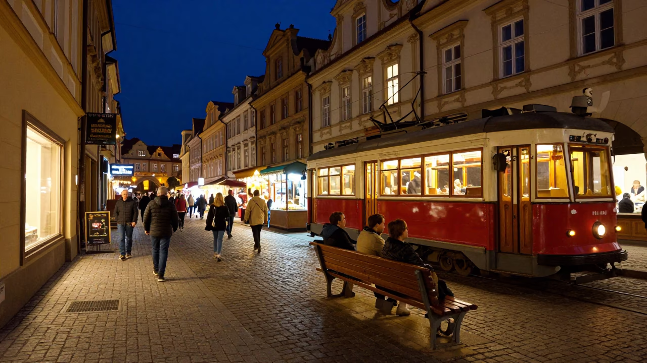 Prague Night Market Food Court Cobblestone Avenue Heritage Tram Window Light in in Prague, Czech Republic