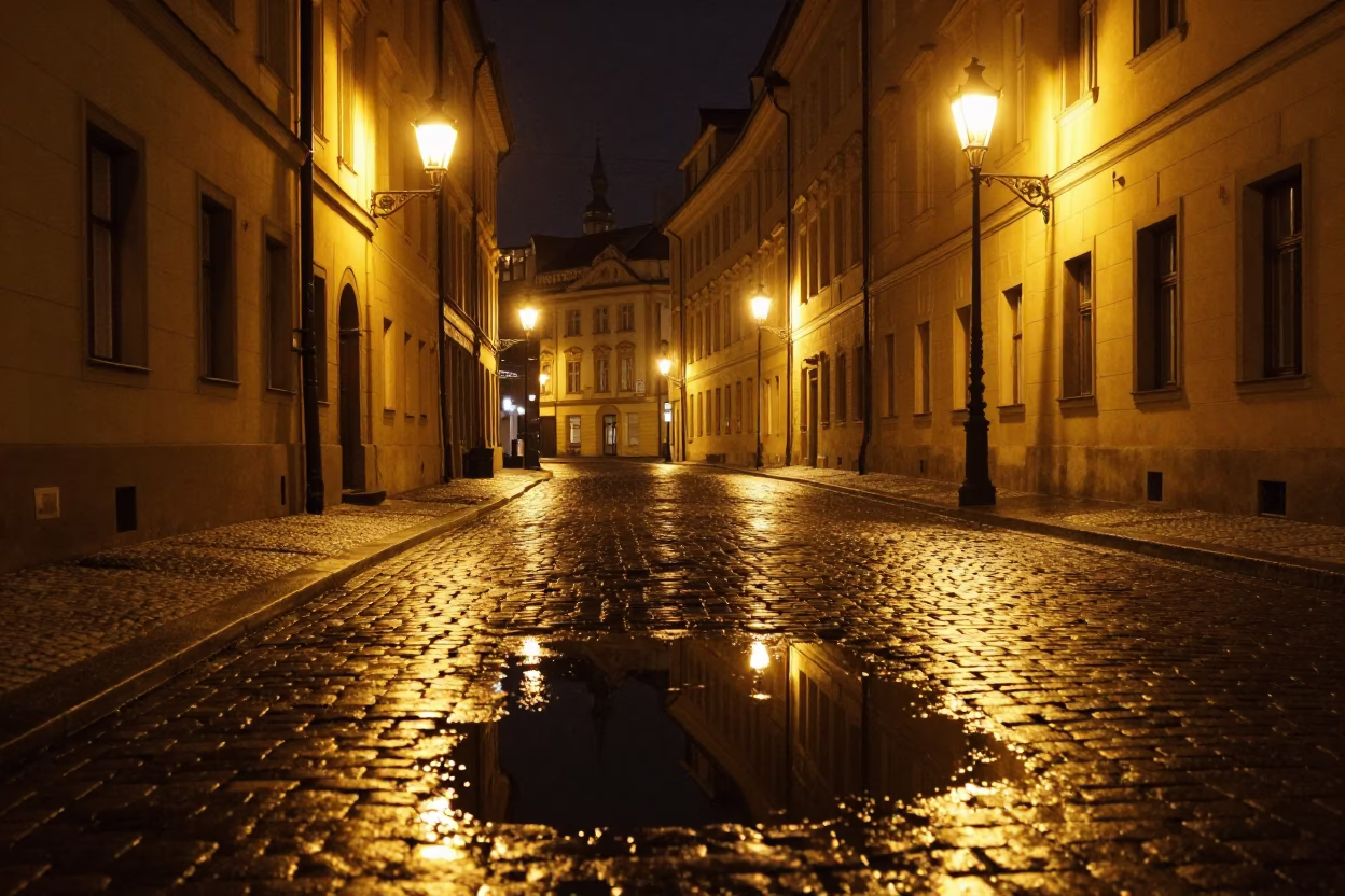 Prague Night Puddle Reflection Hotel Windows Tail Lights Street Scene in in Prague, Czech Republic